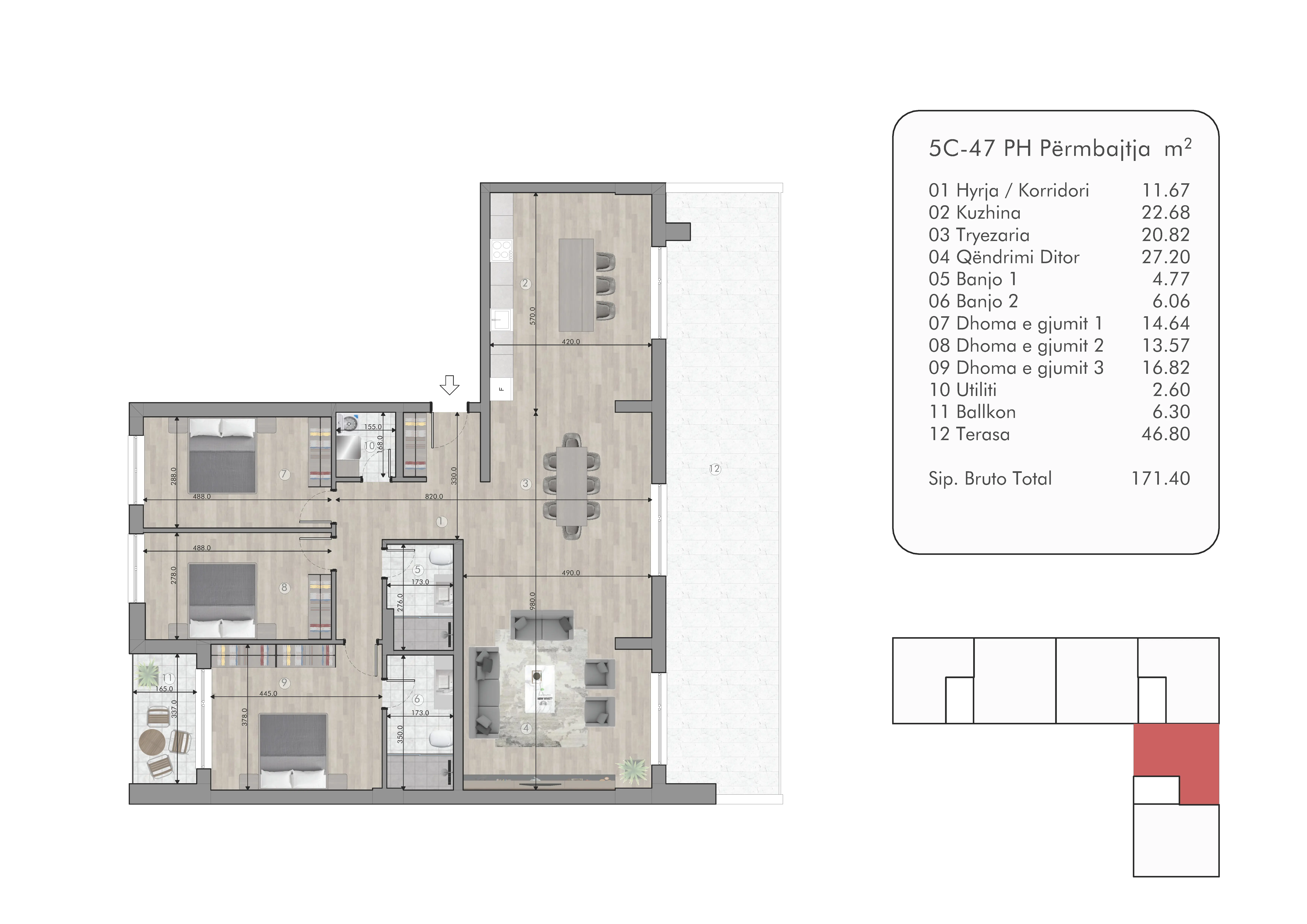 Pamje e dytë e penthouse-it në Fidanishtja Prime — render arkitektonik